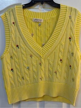 Free People Yellow Cable-Knit Floral Embroidered V-Neck Sweater Vest